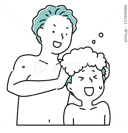 息子の頭をシャンプーするお父さん_単色 息子の頭をシャンプーするお父さん_単色 131998866