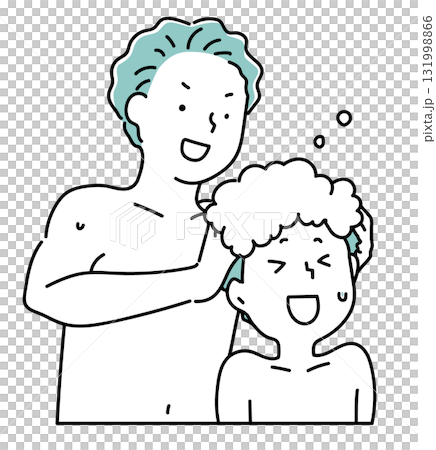 息子の頭をシャンプーするお父さん_単色 息子の頭をシャンプーするお父さん_単色 131998866