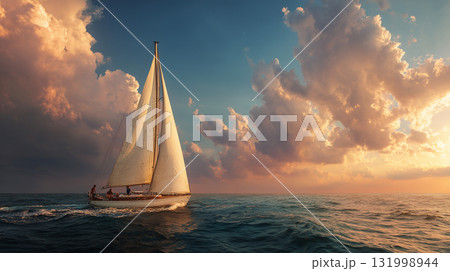 Yacht, sailbot sailing under sails on full ocean Yacht, sailbot sailing under sails on full ocean 131998944