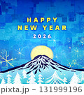SNS投稿用バナー「HAPPY NEW YEAR」筆で描いた夜の山と月、新年のメッセージ／年賀状 131999196