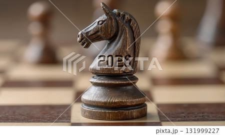 Close-up of decorative chess knight piece on board with 2026 engraving, concept of game in New Year Close-up of decorative chess knight piece on board with 2026 engraving, concept of game in New Year 131999227