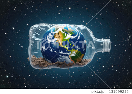 Earth encased in plastic bottle highlighting global waste pollution concept for environmental awareness Earth encased in plastic bottle highlighting global waste pollution concept for environmental awareness 131999233