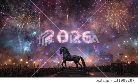 2026 new year celebration with vibrant fireworks display, horse and a crowd gathering 2026 new year celebration with vibrant fireworks display, horse and a crowd gathering 131999297