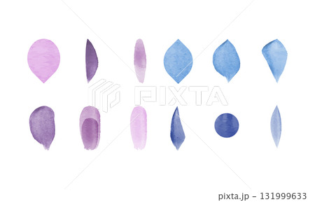 This is a vector illustration that features a set of watercolor petals in various shades of pink, purple, and blue. These shapes can be used for many creative projects. 131999633