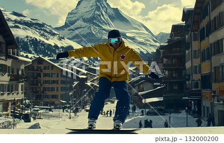 Snowboarder performing trick in snowy mountain village Snowboarder performing trick in snowy mountain village 132000200