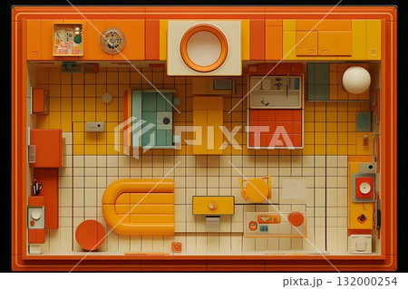 Miniature apartment overhead view vibrant orange yellow color palette 132000254