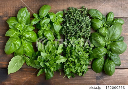 Fresh green herbs culinary food photography background 132000268