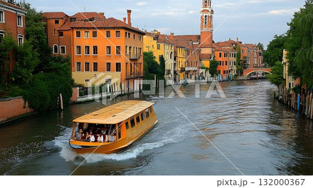 Water taxi on city canal colorful buildings summer day Water taxi on city canal colorful buildings summer day 132000367