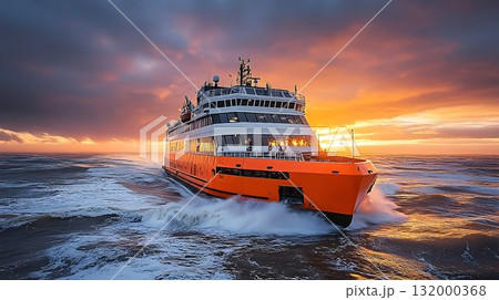 Ferry sailing on wavy sea at sunset vibrant colors dynamic motion 132000368