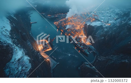 Aerial night view of industrial harbor illuminated structures snowy landscape Aerial night view of industrial harbor illuminated structures snowy landscape 132000372