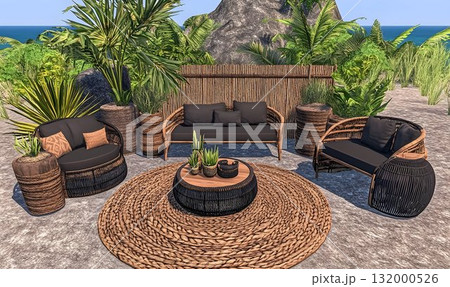 Relaxing outdoor patio furniture set wicker and dark cushions tropical plants sandy setting Relaxing outdoor patio furniture set wicker and dark cushions tropical plants sandy setting 132000526