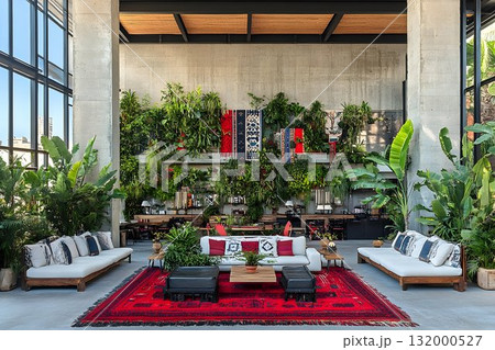 Modern interior design with lush greenery and red carpet Modern interior design with lush greenery and red carpet 132000527