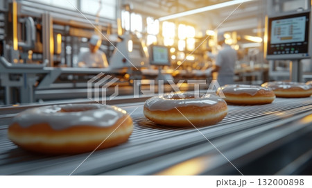 Fresh glazed donuts on conveyor belt in modern bakery food production factory 132000898