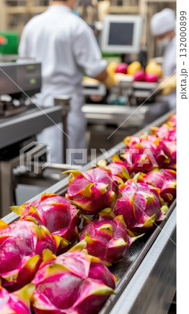 Pitaya fruits being sorted on industrial conveyor in modern food processing plant 132000899