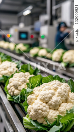 Fresh cauliflower on conveyor belt in modern vegetable processing factory 132000921