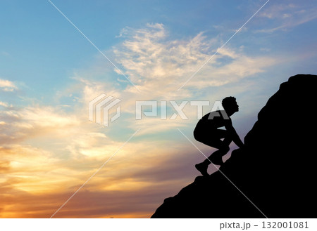 Silhouette purposeful man rising to the top of the mountain without insurance 132001081