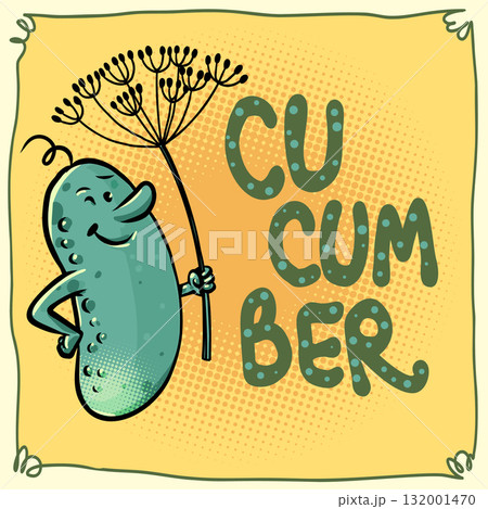 Cucumber with the inscription cucumber. Snacks for a bar and restaurant. Logo with a cucumber mascot. 132001470