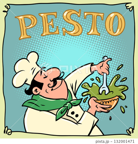 Chef making pesto. Logo of an Italian chef, preparing a traditional dish. Sauce for pizza and pasta. Chef making pesto. Logo of an Italian chef, preparing a traditional dish. Sauce for pizza and pasta. 132001471
