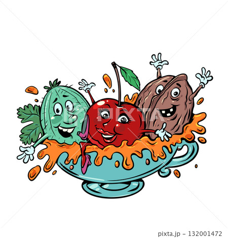 Vitamins and healthy berries, nuts in one cup together. Smiling joyful cherries, walnuts, gooseberries. Proper nutrition and tasty snacks. 132001472