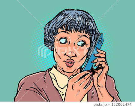 A woman listens to the phone in great surprise. Interaction with the company's client base. Communication with the client for business. A woman listens to the phone in great surprise. Interaction with the company's client base. Communication with the client for business. 132001474