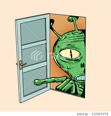 An alien is looking through an open door. Security and virus issues. Being unprepared for dangers. An alien is looking through an open door. Security and virus issues. Being unprepared for dangers. 132001478