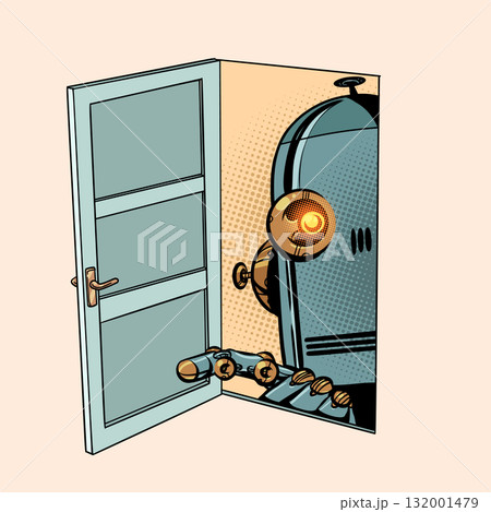 A robot looks through an open door. AI invasion of personal data. Conflict between artificial intelligence and humanity. 132001479