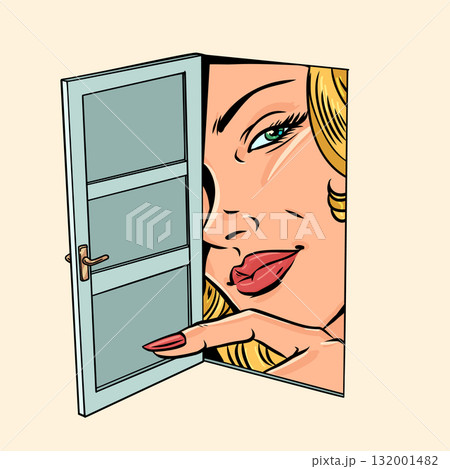 A woman looks through an open door. Announcing a new offer for buyers. Surveillance of personal data on the Internet. A woman looks through an open door. Announcing a new offer for buyers. Surveillance of personal data on the Internet. 132001482