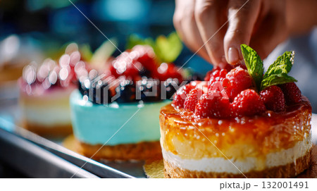 Assortment of colorful tiered cakes decorated with fruits and mint leaves 132001491