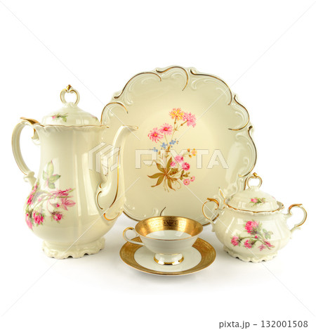 Elegant Antique Porcelain Tea Set with Floral Decor and Gold Trim 132001508