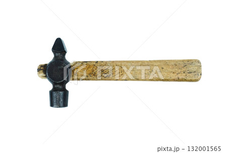 old hammer with a wooden handle lies flat on a white background 132001565