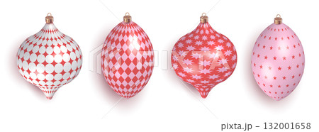 Pink and red vintage coquette Christmas 3d baubles collection. New Year tree and winter holiday decorative elements set isolated on white background. Vector retro design. Pink and red vintage coquette Christmas 3d baubles collection. New Year tree and winter holiday decorative elements set isolated on white background. Vector retro design. 132001658