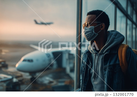 Man in Mask Stands Near Airport Window Looking at Airplane During Daytime Travel Man in Mask Stands Near Airport Window Looking at Airplane During Daytime Travel 132001770