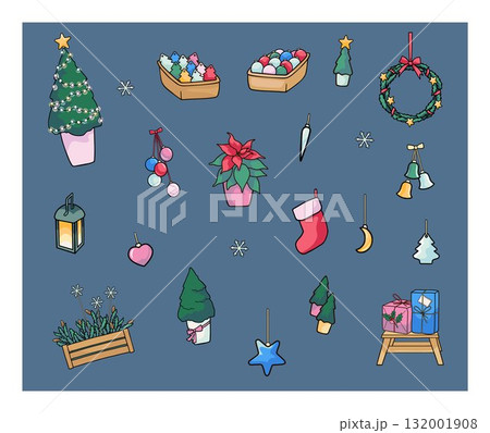 Set of Christmas decorations and holiday elements festive winter illustration 132001908
