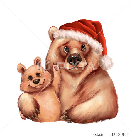 Hand-drawn illustration of adult bear and cub wearing Santa hats. Design is perfect for family holiday cards, winter decor, or Christmas projects. 132001995