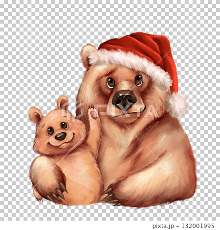 Hand-drawn illustration of adult bear and cub wearing Santa hats. Design is perfect for family holiday cards, winter decor, or Christmas projects. 132001995