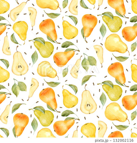Hand-drawn illustration of a seamless pattern with pears and scattered green leaves. This elegant, dense arrangement is perfect for food packaging and kitchen decor 132002116