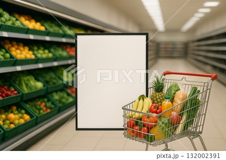 Shopping Cart Filled With Fresh Produce in a Grocery Store Aisle 132002391