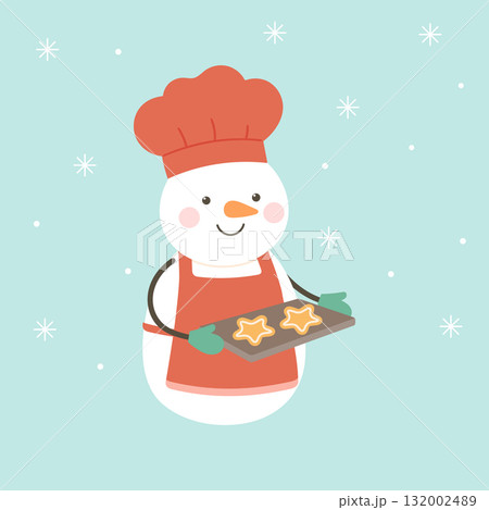 Snowman chef holding tray with star cookies. Snowman chef holding tray with star cookies. 132002489