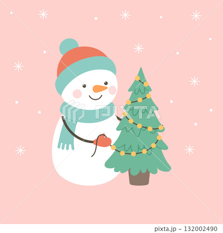 Smiling snowman hanging lights on Christmas tree. 132002490
