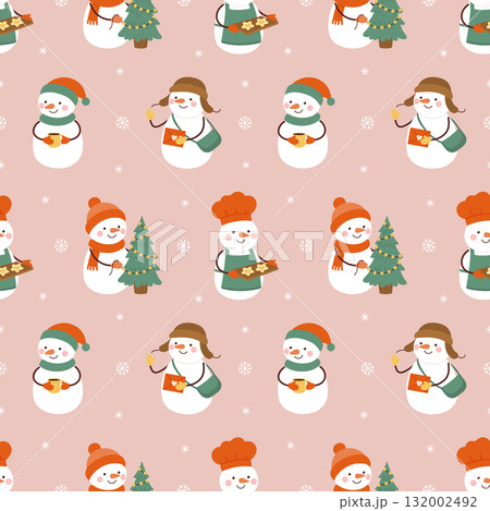 Cute snowman seamless Christmas pattern on pink background Cute snowman seamless Christmas pattern on pink background 132002492