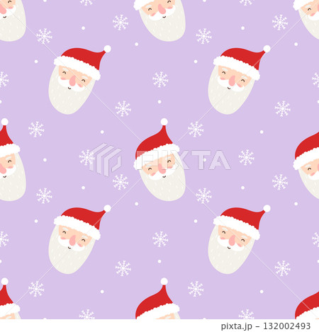 Playful seamless Christmas pattern featuring Santa Claus faces, red hats, snowflakes and white dots on soft lilac background. Playful seamless Christmas pattern featuring Santa Claus faces, red hats, snowflakes and white dots on soft lilac background. 132002493