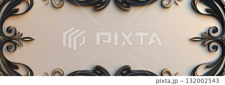 A decorative black frame with intricate floral patterns on a light background. The frame is ornate. horizontal banner, copy space, free space for text 132002543