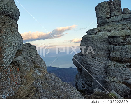 "Valley of ghosts" - mountain plateau on Demerjy mountain. sunset view from top point, 1239m. Crimea 132002839