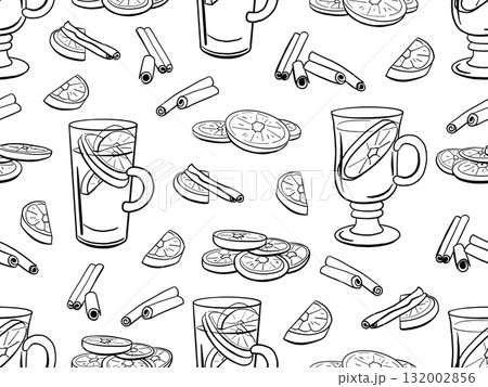 Christmas drink seamless pattern with mulled wine drink, citrus slices and cinnamon. Seasonal winter treats, hand drawn doodle vector illustration. Christmas drink seamless pattern with mulled wine drink, citrus slices and cinnamon. Seasonal winter treats, hand drawn doodle vector illustration. 132002856