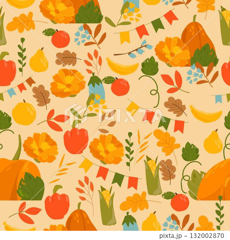 Seamless Pattern With Autumn Leaves, Vegetables and Pumpkins 132002870