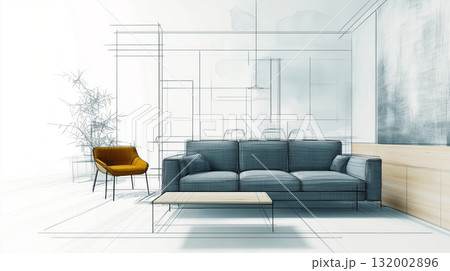 Modern living room interior design combining sketch and realistic elements 132002896