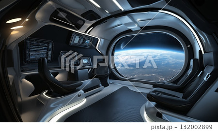 Futuristic space habitat with a stunning view of Earth during sunset from a sleek interior 132002899