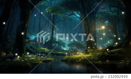 Magical forest with glowing fireflies and a tranquil river. woods with mystical light 132002930