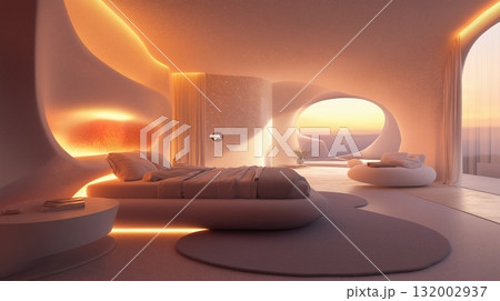 Future bedroom with city view from large circular window Future bedroom with city view from large circular window 132002937