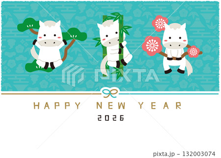 2026年賀状 Happy new year 水引き　白馬の松竹梅　背景ミントブルー 132003074